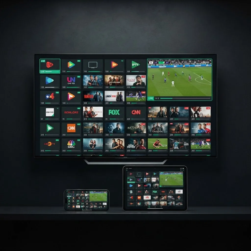 IPTV kaufen in Deutschland: Smart TV, Tablet und Smartphone zeigen die IPTV App mit Live TV Sendern in 4K