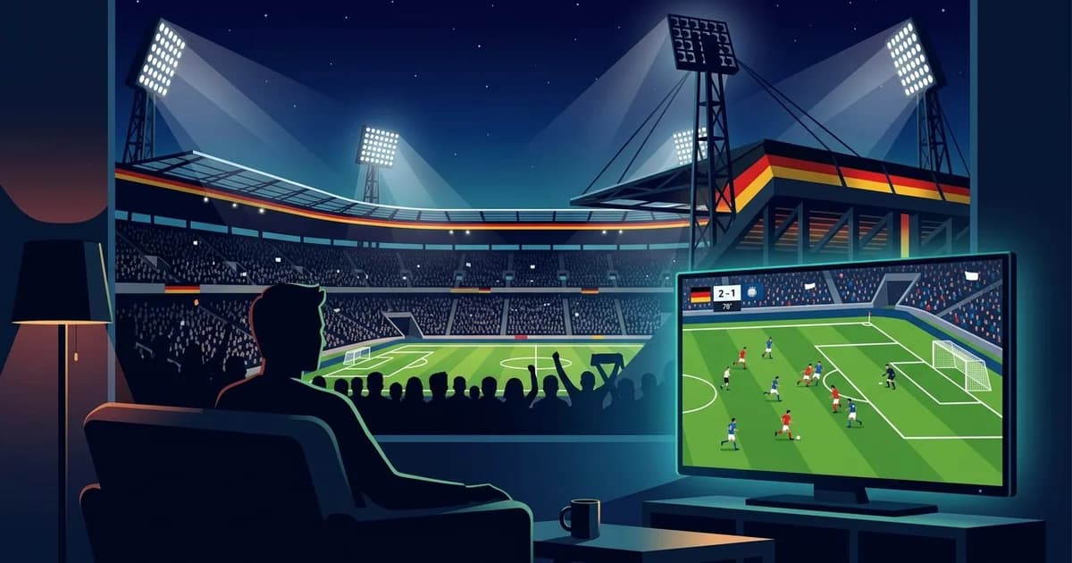 Fußballstadion bei Nacht mit Flutlicht und Fernseher mit Live Spiel