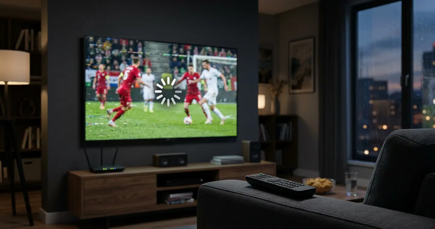 Fernseher mit Ladesymbol während eines Fußballspiels als Symbol für IPTV Buffering