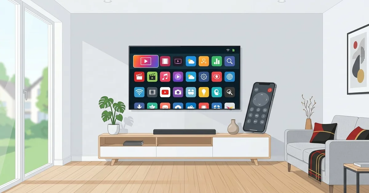 Smart TV im Wohnzimmer mit App Store und Fernbedienung